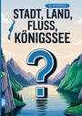 Text: "60 x A4 Spielblöcke", "STADT, LAND, FLUSS, KÖNIGSSEE". Illustration: Fragezeichen in Berglandschaft mit See.