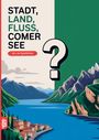 "STADT, LAND, FLUSS, COMER SEE. 60 x A4 Spielblöcke." Illustration mit Bergen, einem See und einem Dorf an der Küste.
