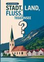 Illustration eines Kirchturms und Berglandschaft am Tegernsee. Texte: "60 x A4 Spielblöcke", "STADT, LAND, FLUSS, TEGERNSEE".