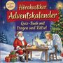 „Hörakustiker Adventskalender. Quiz-Buch mit Fragen und Rätsel“. Illustration: Weihnachtsmann, Engel am Laptop, Baum.