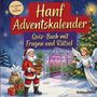 „Hanf Adventskalender, Quiz-Buch mit Fragen und Rätsel“. Ein Weihnachtsmann hält eine Hanfpflanze. Engel und Weihnachtsbaum.