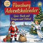 "Flensburg Adventskalender: Quiz-Buch mit Fragen und Rätseln. Illustration mit Weihnachtsmann, Engel und geschmücktem Baum."