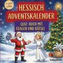 "Hessisch Adventskalender. Quiz-Buch mit Fragen und Rätsel." Ein Weihnachtsmann und Engel im Schnee, Tannenbaum.