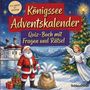 "Königssee Adventskalender. Quiz-Buch mit Fragen und Rätsel." Illustration mit Weihnachtsmann, Engel und verschneiter Landschaft.