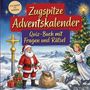 "Zugspitze Adventskalender. Quiz-Buch mit Fragen und Rätsel." Illustration: Weihnachtsmann und Engel auf Berggipfel.