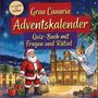 Text: "Gran Canaria Adventskalender - Quiz-Buch mit Fragen und Rätsel." Illustration mit Weihnachtsmann, Engel und Geschenken.