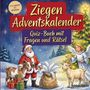 Ziegen-Adventskalender, Quiz-Buch mit Fragen und Rätsel. Weihnachtsmann, Engel, Ziegen, Schnee, Tannenbaum mit Lichtern.