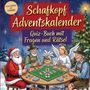 „Schafkopf Adventskalender, Quiz-Buch mit Fragen und Rätsel“. Weihnachtsmann, Jäger, Engel und Mann spielen Karten.