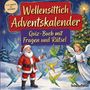 "Weihnachtliche Szene mit Santa, einem Engel, Wellensittichen und einem Tannenbaum im Schnee. Text: 'Wellensittich Adventskalender - Quiz-Buch mit Fragen und Rätsel'."
