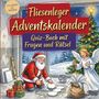 "Fliesenleger Adventskalender. Quiz-Buch mit Fragen und Rätsel." Ein Weihnachtsmann legt Fliesen, Engel daneben.