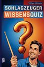 „Schlagzeuger Wissensquiz“, „100 Fragen - 400 Antworten“. Illustration: Mann mit Schlagzeugstock, großes Fragezeichen.