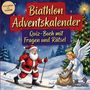 „Biathlon Adventskalender. Quiz-Buch mit Fragen und Rätsel.“ Santa auf Skiern und ein Engel mit einem Sack in einer verschneiten Landschaft.