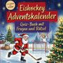 „Eishockey Adventskalender: Quiz-Buch mit Fragen und Rätsel“. Ein fröhlicher Weihnachtsmann spielt Eishockey, ein Engel jubelt.