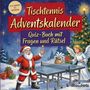 "Tischtennis Adventskalender. Quiz-Buch mit Fragen und Rätsel." Weihnachtsmann und Engel spielen Tischtennis.