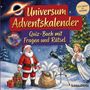 "Universum Adventskalender: Quiz-Buch mit Fragen und Rätsel, von leicht bis schwer." Weihnachtsmann, Engel, Teleskop.