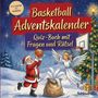 Text: "Basketball Adventskalender", "Quiz-Buch mit Fragen und Rätsel", "Von leicht bis schwer". Weihnachtsmann wirft Korb.