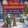 „Förster Adventskalender. Quiz-Buch mit Fragen und Rätsel.“ Illustration: Förster, Engel, Weihnachtsbaum im Wald.