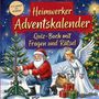 "Heimwerker Adventskalender", "Quiz-Buch mit Fragen und Rätsel". Illustration: Weihnachtsmann und Engel schmücken Baum.