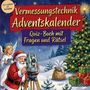 „Vermessungstechnik Adventskalender. Quiz-Buch mit Fragen und Rätsel.“ Ein Weihnachtsmann nutzt ein Vermessungsgerät. Engel assistiert.