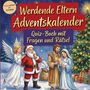 "Werdende Eltern Adventskalender. Quiz-Buch mit Fragen und Rätsel." Illustration mit Engel, Weihnachtsmann, Krippe und Baum.