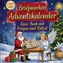 "Briefmarken Adventskalender. Quiz-Buch mit Fragen und Rätsel." Weihnachtsmann mit Engel bei einem Tisch, Geschenke, Tannenbaum.