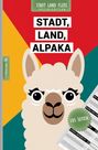 Text: "STADT, LAND, ALPAKA", "105 SEITEN"

Illustration eines Alpaka-Gesichts auf buntem Hintergrund.