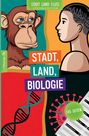 „STADT LAND FLUSS SPEZIALEDITION“ und „STADT, LAND, BIOLOGIE“ auf buntem Hintergrund mit Affe und Mensch.