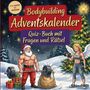"Bodybuilding Adventskalender: Quiz-Buch mit Fragen und Rätsel. Illustration von muskulösem Weihnachtsmann mit Gewichten."