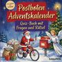 "Postboten Adventskalender: Quiz-Buch mit Fragen und Rätsel." Illustration: Weihnachtsmann auf Rad, Engel und Geschenke.