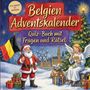 "Belgien Adventskalender: Quiz-Buch mit Fragen und Rätsel. Illustration: Weihnachtsmann, Engel mit Pommes, belgische Flagge."