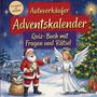 „Autoverkäufer Adventskalender: Quiz-Buch mit Fragen und Rätsel“. Weihnachtsmann gibt einem Engel Autoschlüssel.