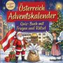 „Österreich Adventskalender. Quiz-Buch mit Fragen und Rätsel“ steht auf einem festlichen Cover mit Weihnachtsmann, Engeln und Geschenken.