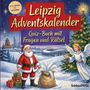 "Leipzig Adventskalender: Quiz-Buch mit Fragen und Rätseln" in einer winterlichen Illustration mit Weihnachtsmann und Engel.