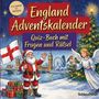 “England Adventskalender. Quiz-Buch mit Fragen und Rätsel.” Illustration: Weihnachtsmann und Engel vor Londoner Skyline.