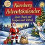 "Nürnberg Adventskalender, Quiz-Buch mit Fragen und Rätsel." Illustration mit Santa, Geschenken und Engel.