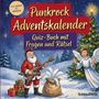 „Punkrock Adventskalender“ und „Quiz-Buch mit Fragen und Rätsel“. Ein rockiger Weihnachtsmann spielt Gitarre, mit Engel.