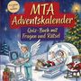"MTA Adventskalender: Quiz-Buch mit Fragen und Rätsel" erscheint vor einem Weihnachtsszenario mit Engel und Weihnachtsmann.