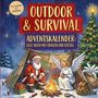 „Outdoor & Survival Adventskalender: Quiz-Buch mit Fragen und Rätsel.“ Illustration mit Weihnachtsmann und Engel am Lagerfeuer.