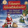 „Fehmarn Adventskalender“, „Quiz-Buch mit Fragen und Rätsel“. Illustration mit Weihnachtsmann, Engel und geschmücktem Baum.