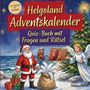 "Helgoland Adventskalender. Quiz-Buch mit Fragen und Rätsel." Weihnachtsmann und Engel neben Geschenken und Tannenbaum am Meer.