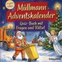 "Müllmann Adventskalender. Quiz-Buch mit Fragen und Rätsel." Weihnachtsmann schiebt gelbe Tonne vor Müllwagen.