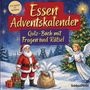 "Essen Adventskalender: Quiz-Buch mit Fragen und Rätsel." Illustration mit Weihnachtsmann, Engel und Geschenken im Schnee.
