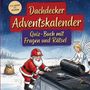 Text oben: "Dachdecker Adventskalender. Quiz-Buch mit Fragen und Rätsel." Illustration: Weihnachtsmann arbeitet mit Engel auf dem Dach.