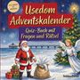 "Usedom Adventskalender" und "Quiz-Buch mit Fragen und Rätsel". Weihnachtsmann am Strand mit Engel und geschmücktem Baum.