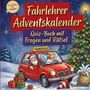 "Fahrlehrer Adventskalender" und "Quiz-Buch mit Fragen und Rätsel". Illustration mit Weihnachtsmann und Engel im Auto.