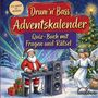"Drum 'n' Bass Adventskalender. Quiz-Buch mit Fragen und Rätsel." Santa als DJ, ein tanzender Engel und ein Weihnachtsbaum.