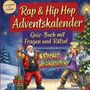 Rap & Hip Hop Adventskalender. Quiz-Buch mit Fragen und Rätsel. Santa und Engel rappen auf Bühne mit Weihnachtsbaum.