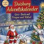 "Duisburg Adventskalender: Quiz-Buch mit Fragen und Rätsel. Illustration mit Weihnachtsmann, Engel und Tannenbaum."