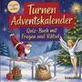 "Turnen Adventskalender: Quiz-Buch mit Fragen und Rätsel." Ein Weihnachtsmann turnt neben einem Engel an einem Barren.