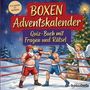"Boxen Adventskalender: Quiz-Buch mit Fragen und Rätsel." Illustration: Weihnachtsmann boxt gegen Mann, ein Engel lacht.